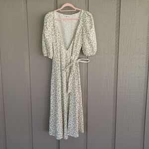 Reformation Mint Linen Midi Wrap Dress Size XS Women Boho Floral Print V Neck